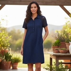 J Crew Eyelet Crochet Shirt Dress Women 4 Navy Blue Cotton Popover‎ Knee Length